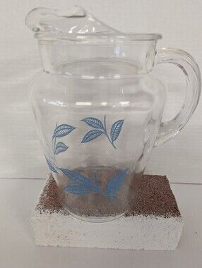 Vintage Clear Glass Kool Aid Pitcher Blue Leaf Design